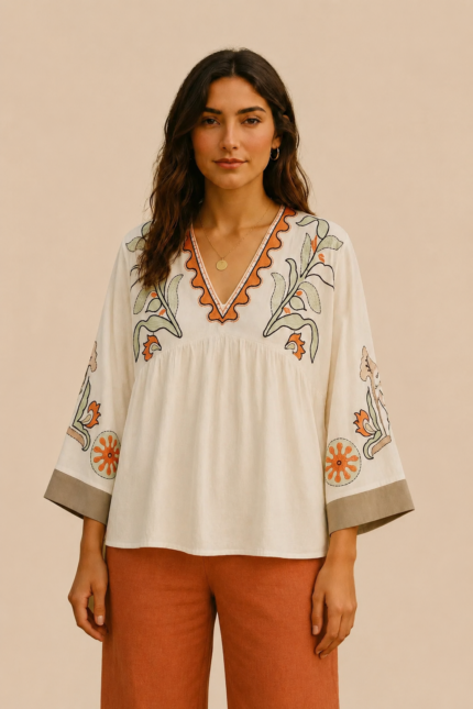 Blusa Bordada Anais boho chic beige La Gata Voladora Alpujarra Almeria