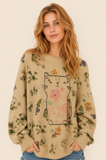 Jersey de punto Cute Cat beige estampado gato manga larga La Gata Voladora Alpujarra Almeria