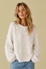 Jersey Estilo Boho Deva blanco punto pompones boho La Gata Voladora Alpujarra Almeria