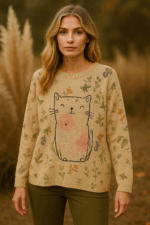 Jersey estampado de gato Cute Cat estilo boho beige – La Gata Voladora