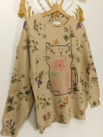 Jersey estampado de gato Cute Cat estilo boho beige – La Gata Voladora