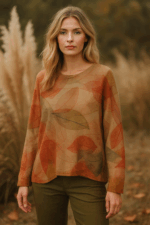 Jersey boho beige con hojas cálidas – moda bohemia natural y otoñal - La Gata Voladora