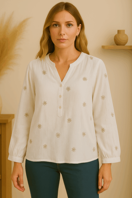Blusa bordada algodón boho blanca con flores – Blusa Bordada Flor de Algodón estilo natural y artesanal en tallas M, L, XL y XXL