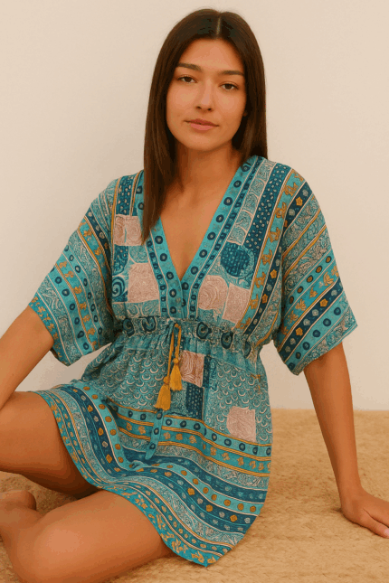 blusa seda oversize estampado boho turquesa azul mostaza rosa paneles print geométrico paisley La Gata Voladora Alpujarra Almería