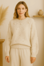 jersey estilo boho Gaia blanco con pompones tejidos y estilo bohemio natural - La Gata Voladora - Laujar De Andarax