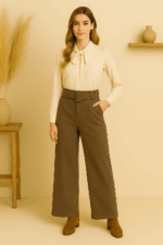 Pantalón palazzo espiga boho Marrón Claro con cinturón – pantalón de invierno estilo natural y bohemio - La Gata Voladora