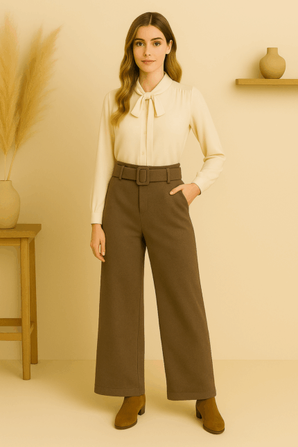 Pantalón palazzo espiga boho Marrón Claro con cinturón – pantalón de invierno estilo natural y bohemio - La Gata Voladora