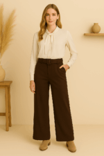Pantalón palazzo espiga boho marrón chocolate con cinturón – prenda cálida de invierno estilo boho chic - La Gata Voladora