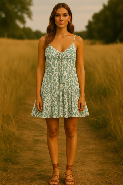 vestido corto de algodón verde estilo bohemio La Gata Voladora Alpujarra Almeria