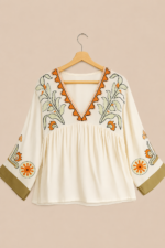 Blusa boho bordada crema mangas amplias bordados verde salvia terracota La Gata Voladora Alpujarra Almeria