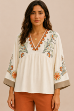 Blusa boho bordada crema mangas amplias bordados verde salvia terracota La Gata Voladora Alpujarra Almeria