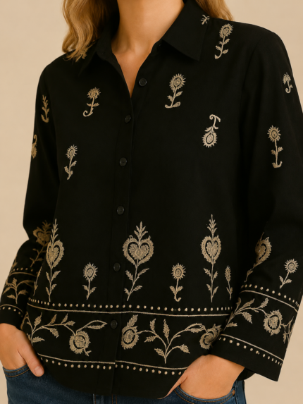 Blusa Camisa negra Bordada boho chic - La Gata Voladora