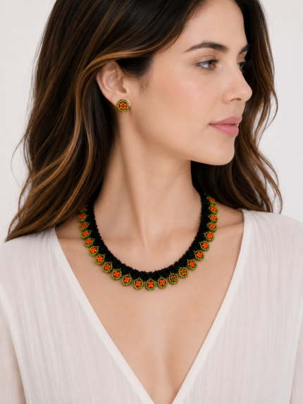 collar boho tierra viva negro verde naranja floral artesanal estilo bohemio La Gata Voladora Alpujarra Almería