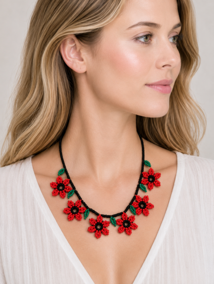 collar artesanal flores rojo estilo boho étnico bohemio La Gata Voladora Alpujarra Almería