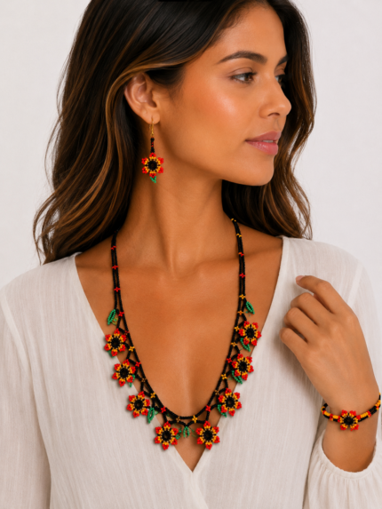 conjunto collar pendientes pulsera colombia boho floral artesanal La Gata Voladora Alpujarra Almería
