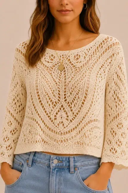 Jersey de Ganchillo Creta beige estilo boho chic ganchillo La Gata Voladora Alpujarra Almeria