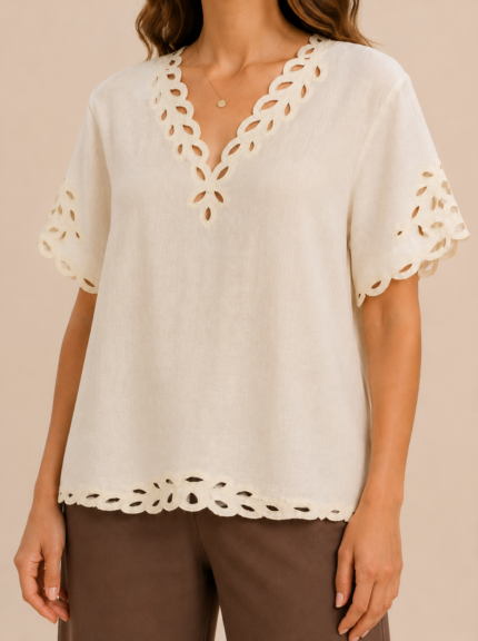 Blusa boho chic ibicenca beige algodon bordada manga corta La Gata Voladora Alpujarra Almeria