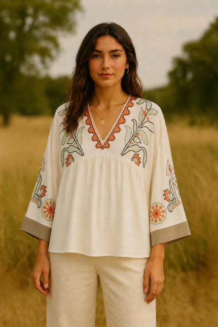 Blusa boho bordada crema mangas amplias bordados verde salvia terracota La Gata Voladora Alpujarra Almería