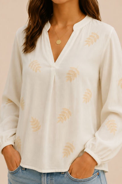 blusa bordada aura algodon boho chic primavera hojas beige La Gata Voladora Alpujarra Almeria