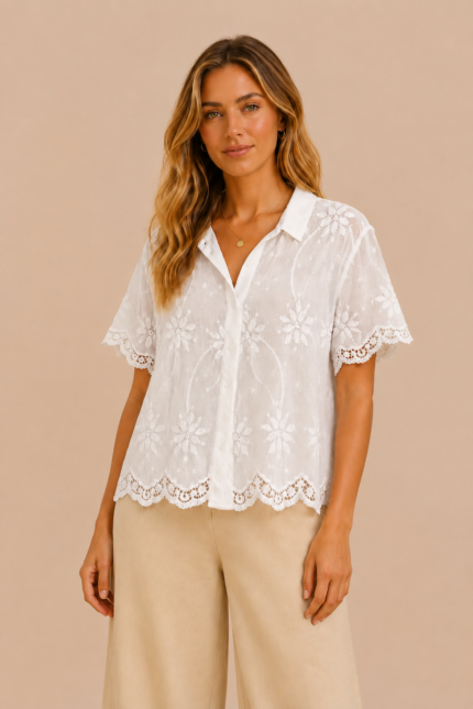 blusa bordada duna blanca algodón boho manga corta La Gata Voladora Alpujarra Almería