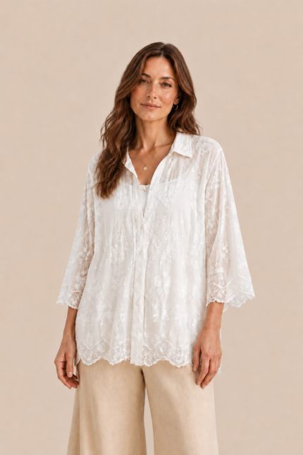 Blusa Bordada Olimpia boho chic mujer algodon blanco bordados florales La Gata Voladora Laujar de Andarax