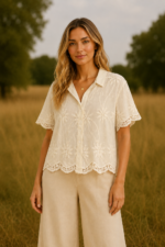 blusa bordada duna beige algodón boho manga corta La Gata Voladora Alpujarra Almería