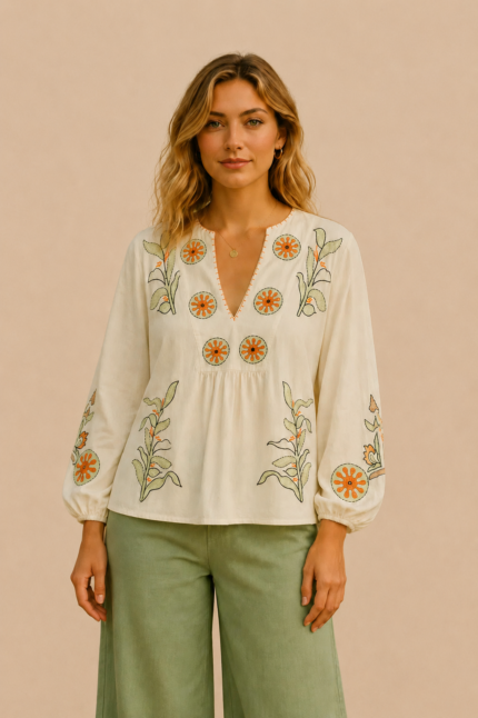 Blusa Bordada Salvia boho chic algodon beige bordados florales La Gata Voladora Alpujarra Almeria