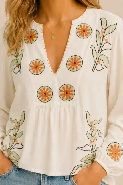 Blusa Bordada Salvia bordada beige estilo boho chic algodon La Gata Voladora Alpujarra Almeria