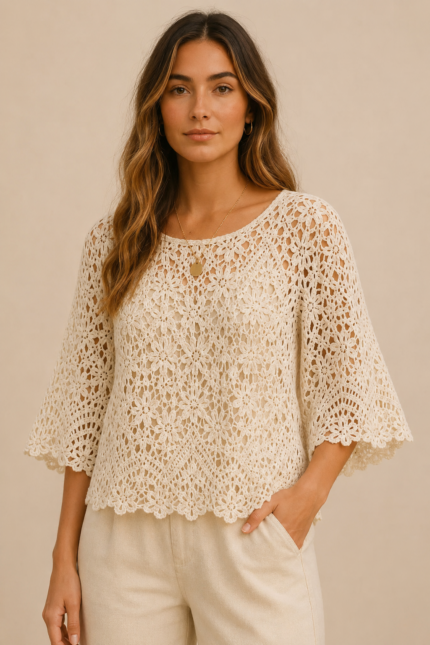 blusa crochet algodon beige boho mujer La Gata Voladora Alpujarra Almeria