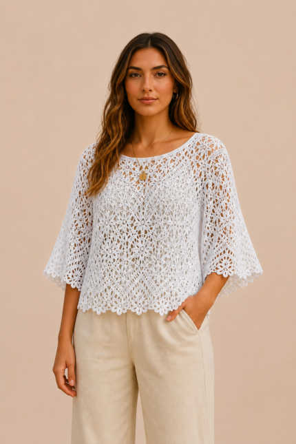 Blusa Crochet Alma blanca boho chic encaje floral La Gata Voladora Alpujarra Almeria