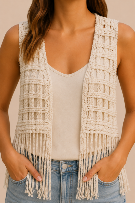 Chaleco bohemio Dakota beige macrame flecos outfit boho mujer La Gata Voladora Alpujarra Almeria