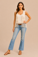 Chaleco Dakota estilo boho chic mujer tejido crochet beige con flecos La Gata Voladora Alpujarra Almeria