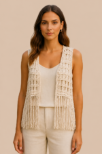 Chaleco Boho Dakota crudo macrame flecos estilo boho mujer La Gata Voladora Alpujarra Almeria