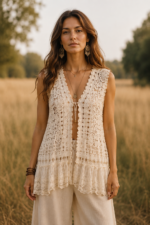 Chaleco encaje crochet Aura boho chic algodon beige La Gata Voladora Alpujarra Almeria