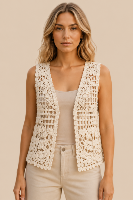 chaleco ibicenco flora beige algodón boho mujer La Gata Voladora Alpujarra Almeria