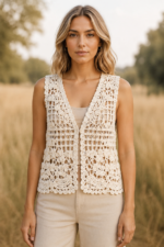 chaleco ibicenco flora beige algodón boho mujer La Gata Voladora Alpujarra Almería