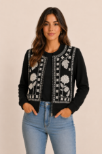 Chaqueta Bordada Perola negra estilo boho chic mujer La Gata Voladora Alpujarra Almeria