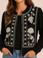 Chaqueta negra bordada boho chic bordados florales La Gata Voladora Alpujarra Almeria