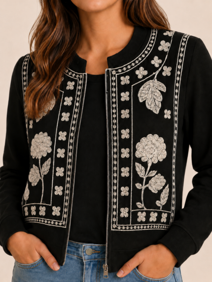 Chaqueta negra bordada boho chic bordados florales La Gata Voladora Alpujarra Almeria