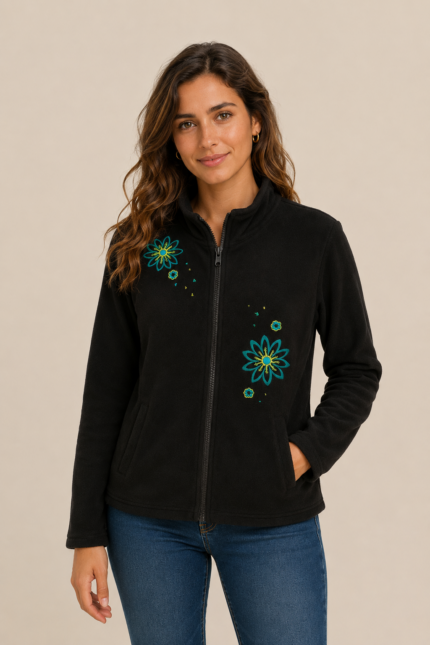 chaqueta forro polar negra unisex bordada boho La Gata Voladora Alpujarra Almeria