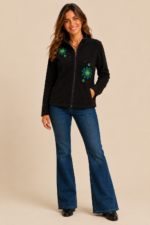 chaqueta forro polar negra unisex cremallera bordada boho La Gata Voladora Alpujarra Almeria