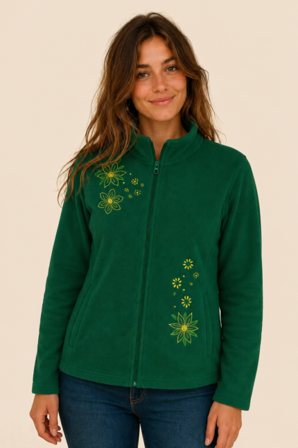 chaqueta forro polar flora esmeralda flores bordadas estilo bohemio la gata voladora alpujarra almeria