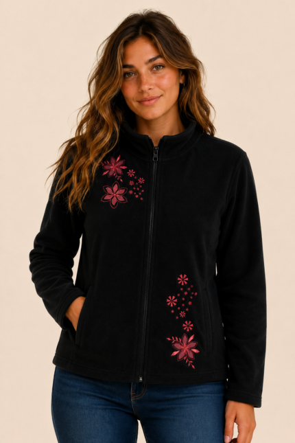 chaqueta forro polar flora negra flores bordadas estilo bohemio la gata voladora alpujarra almeria
