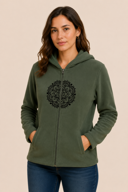 Chaqueta forro polar verde bordado mandala unisex boho La Gata Voladora Alpujarra Almeria