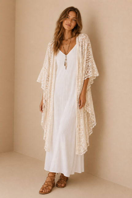 chaqueta ganchillo esther crochet calado beige boho chic la gata voladora alpujarra almeria
