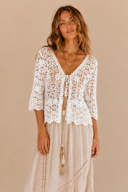 Chaqueta Crochet Boho Chic Algodon Ishtar Blanca Mujer La Gata Voladora Alpujarra Almeria