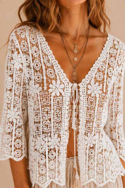 Chaqueta Boho Chic Crochet Algodon Ishtar Blanca La Gata Voladora Alpujarra Almeria