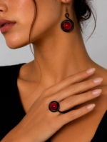 conjunto anillo pendientes espiral almau burdeos hierro forjado cristal fundido boho La Gata Voladora Alpujarra Almeria
