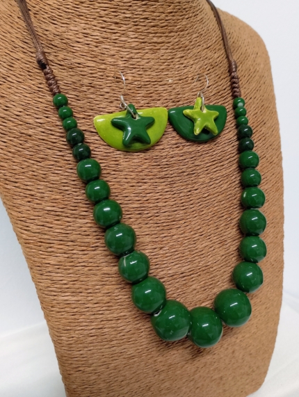conjunto cerámica green star boho collar pendientes verdes artesanales - La Gata Voladora Alpujarra Almeria