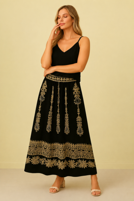 Falda Bordada Samira negro boho chic La Gata Voladora Alpujarra Almeria